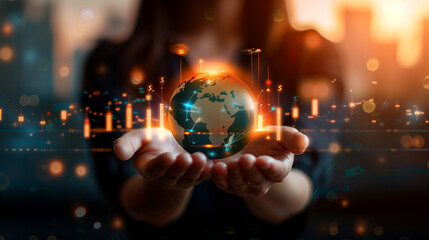 Fototapeta premium A woman is holding a globe in her hands. The globe is surrounded by a lot of numbers and graphs. The woman is wearing a black shirt and she is focused on the globe