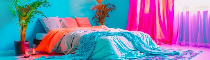 DIY enthusiast choosing bold colors for a bedroom makeover, creativity in every stroke - obrazy, fototapety, plakaty