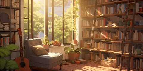 A cozy reading nook in a sunlit corner of the apartment, with a comfortable chair and a small bookshelf. - obrazy, fototapety, plakaty
