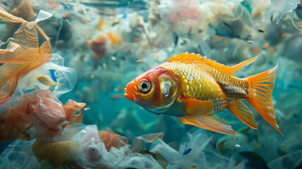 Obraz na płótnie Canvas A fish is swimming in a murky, plastic-filled ocean
