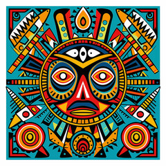 A vibrant, colorful tribal pattern with geometric shapes and intricate patterns in the style of African art