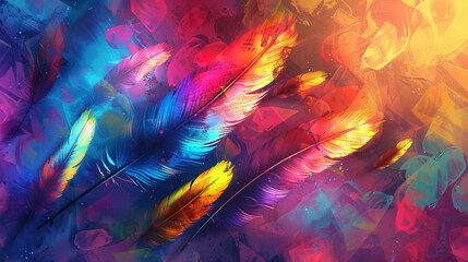 Feathers cascade over a vivid canvas, their iridescence captured in a symphony of color and light. AI's brushstrokes mimic the impressionist style, invoking a sense of ethereal beauty. - obrazy, fototapety, plakaty