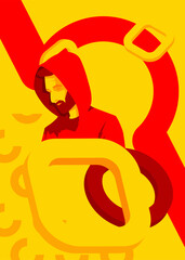 Man with geometrical graphic retro theme background. Minimal geometric elements. Vintage abstract shapes vector illustration.