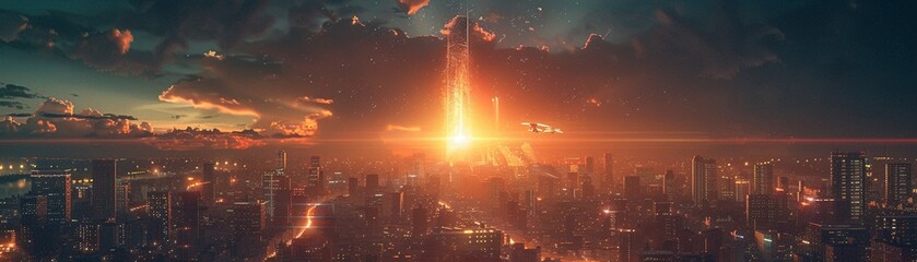 3 Sky Beacon, futuristic cityscape, a massive holographic tower illuminating the night sky, amid bustling hovercraft traffic, 3D render, backlighting, lens flare