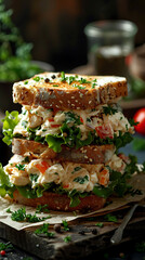 Beautiful presentation of Chicken salad sandwich, hyperrealistic food photography