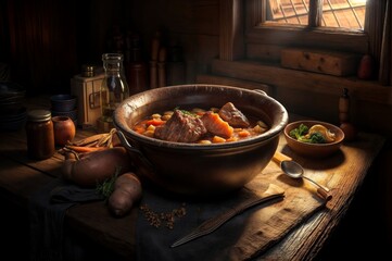 Beef stew with vegetables in an old clay pot on a wooden table