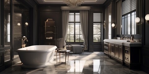 A luxurious bathroom with a freestanding bathtub and elegant vanity area, exuding sophistication.