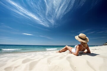 Young woman relaxing on the beach, sunbathing, sunbathing