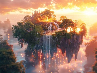 A magical realm filled with floating islands, mythical creatures, and a sparkling waterfall cascading into a crystal-clear lake 3D render, bathed in the warm glow of a magical sunset