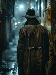 Naklejka premium A mysterious figure in a trench coat and fedora stands in a dimly lit alleyway, glancing back over their shoulder