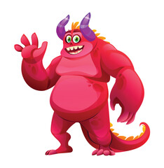 Cheerful red monster waving hand. Vector character cartoon illustration