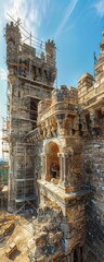 A team of preservation experts meticulously restoring a weathered medieval castle, with scaffolding around the stone walls and workers delicately repairing intricate carvings Scene style - obrazy, fototapety, plakaty