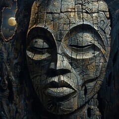 African Tribal Mask, Intricate Carvings, Symbol of Ancestral Spirits, Surrounded by Tribal Artifacts, Moonlit Night, Realistic, Rim Lighting