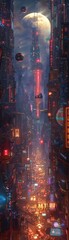 Alien Cityscape, Holographic skyscrapers, bustling market below, hovercrafts zipping by, neon signs in alien language - obrazy, fototapety, plakaty