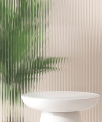 White luxury table podium, green palm tree, reeded fluted glass partition in sunlight on beige wall for modern, elegant fashion, beauty, cosmetic, skincare, body care, product background 3D