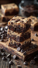 Beautiful presentation of Chocolate chip cookie dough brownie bars, hyperrealistic food photography