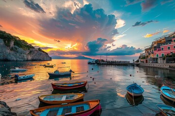 A charming coastal village with colorful fishing boats, charming harborside cafes, and breathtaking sunsets over the sea, Generative AI