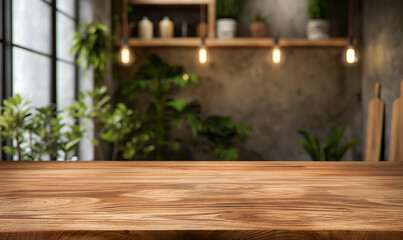 empty wooden table with a view of a kitchen. The table is empty and has a few potted plants on it
