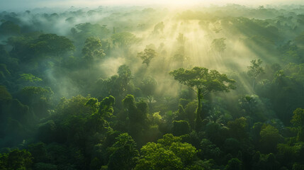 As the sun rises, its beams break through the dense mist covering the lush green canopy of a tropical rainforest, creating a mesmerizing and ethereal early morning atmosphere