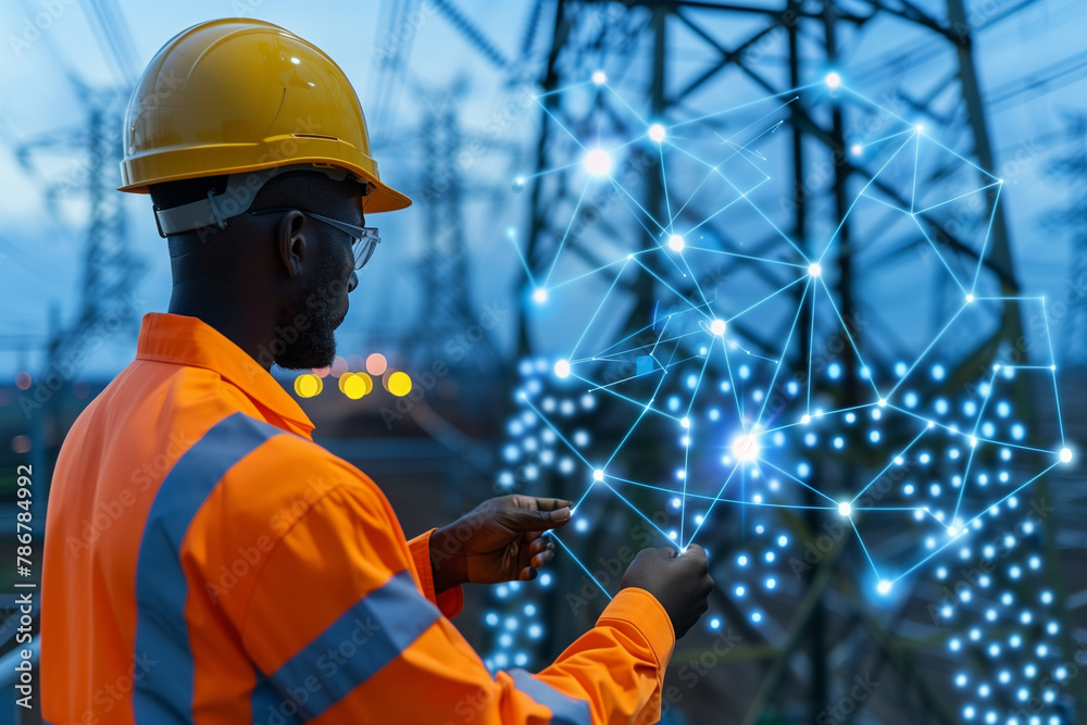 Wall mural engineer standing at high voltage transmission power station.