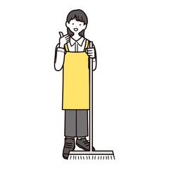 カフェで働くモップを持った日本人女性スタッフの全身イラスト素材