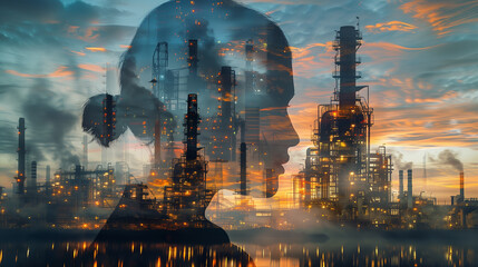 Woman looking at a large industrial factory This picture is a silhouette of a woman. with the face of that woman - obrazy, fototapety, plakaty