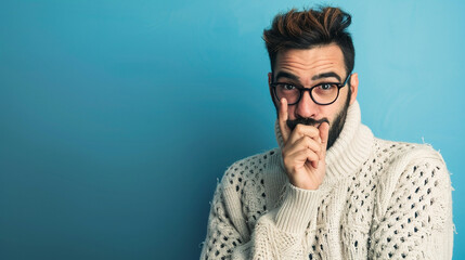 Obraz premium Surprised caucasian man shocked blue background, Teel secret concept