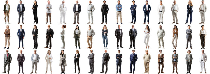 Many business people set isolated background, casual formal attire wear, full body length, networking mixed different diversed businesspeople, happy male female, successful career, crisp edges style - obrazy, fototapety, plakaty