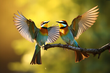 Two bee-eaters are mating on a branch in nature. - obrazy, fototapety, plakaty