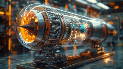 An aircraft's gas turbine or jet engine power plant is disassembled during maintenance and repair. - obrazy, fototapety, plakaty