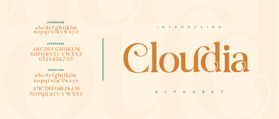 Cloudia elegant Font Uppercase Lowercase and Number. Classic Lettering Minimal Fashion Designs. Typography modern serif fonts regular decorative vintage concept. vector illustration