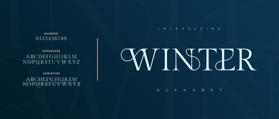 Obraz premium Winter elegant Font Uppercase Lowercase and Number. Classic Lettering Minimal Fashion Designs. Typography modern serif fonts regular decorative vintage concept. vector illustration