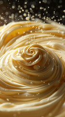 Beautiful presentation of Alfredo sauce spread in a spiral pattern, hyperrealistic food photography