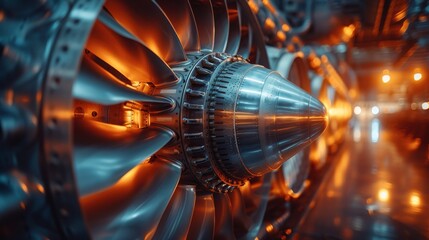When an airplane parks at the airport, the gas turbine engine is closed up for maintenance. Technicians and mechanics repair hydraulics and check the system of the power plant. - obrazy, fototapety, plakaty