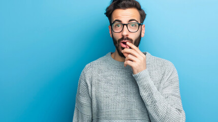 Surprised caucasian man shocked blue background, Teel secret concept