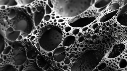 Micro pores of biological tissue are intricately sculpted in gray and black, reflecting tangled nests in a hyperrealism and photorealism style. - obrazy, fototapety, plakaty