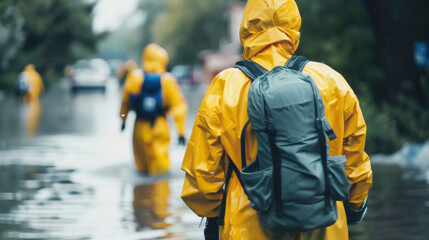 People, street or rescue in flood, natural disaster or climate change by global warming in city. Road, water or ppe in safety, gear or rain coat as help, support or protection by monsoon tsunami