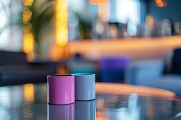 Colorful objects are arranged on a table in a modern apartment, set against a bokeh panorama in...