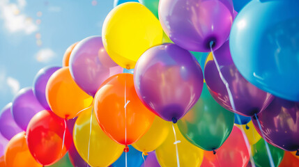 Bright abstract background of jumble of rainbow colored balloons celebrating gay pride. The LGBT gay pride rainbow flag background made from a collection of balloons, birthday party, colorful 