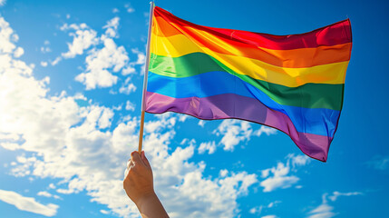 Pride month and inclusivity, support of LGBTQ. LGBT rainbow flags being waved in the air at a pride event. Wave LGBTQ gay pride flags. Equality Parade. Pride rainbow LGBTQ  gay flag being waved 
