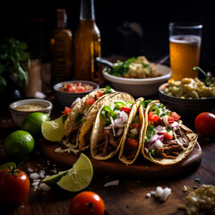 Mexican tacos with meat, cilantro and lime on a plate