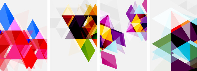 A vibrant display of creative arts with colorful shapes like purple triangles, pink rectangles, and violet magenta hues on a white background, showcasing symmetry and artistic flair
