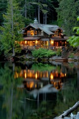 Obraz premium A cozy lakeside lodge nestled in the forest, with rustic log cabins, crackling fireplaces, and panoramic views of the tranquil waters, Generative AI