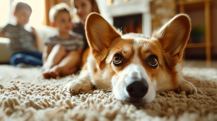 Adorable pet Welsh Corgi dog lying on the background of a family hall with children relaxing at home. - obrazy, fototapety, plakaty