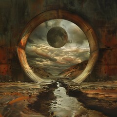 Capture a mesmerizing scene with a surrealist touch using a wormseye view perspective, set against a postapocalyptic background reminiscent - obrazy, fototapety, plakaty