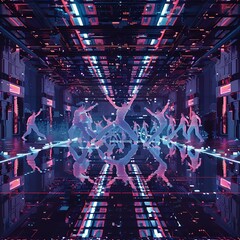 Illustrate a futuristic society with a dystopian twist using pixel art, featuring dancers in surreal poses Experiment with unexpected camera angles