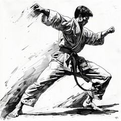 Illustrate the dynamic movements of Martial Arts Achievements through detailed pen and ink drawings, emphasizing the strength and grace of each discipline