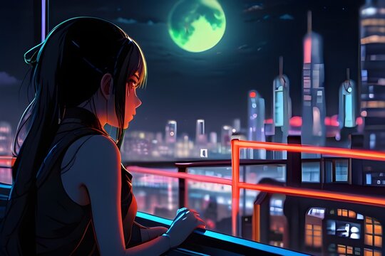 Cyberpunk city at night a girl and the moon generative AI