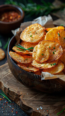 Obraz na płótnie Canvas Beautiful presentation of Bagel chips, hyperrealistic food photography