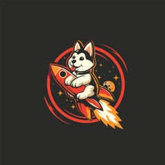 Dog riding rocket logo design vector illustration template
